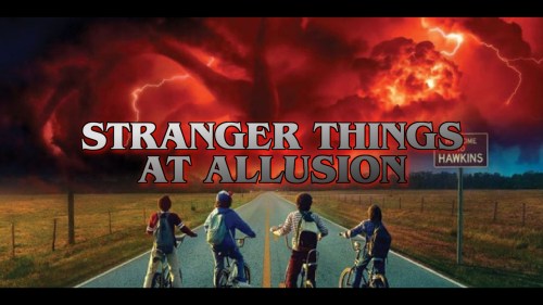 Four kids on bikes face a stormy sky with lightning, featuring the text "Stranger Things at Allusion."