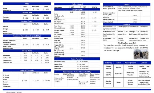 A menu listing dairy products, coffee, cheese, produce, and baked goods with prices and ordering information.