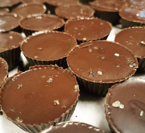 A close-up of small chocolate cups topped with a sprinkle of sea salt, arranged closely on a tray.