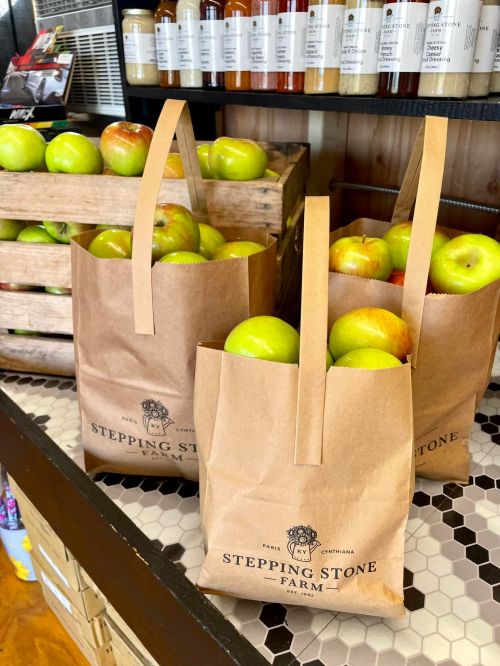 Brown paper bags filled with green and red apples, placed on a counter near wooden crates and shelves of products.
