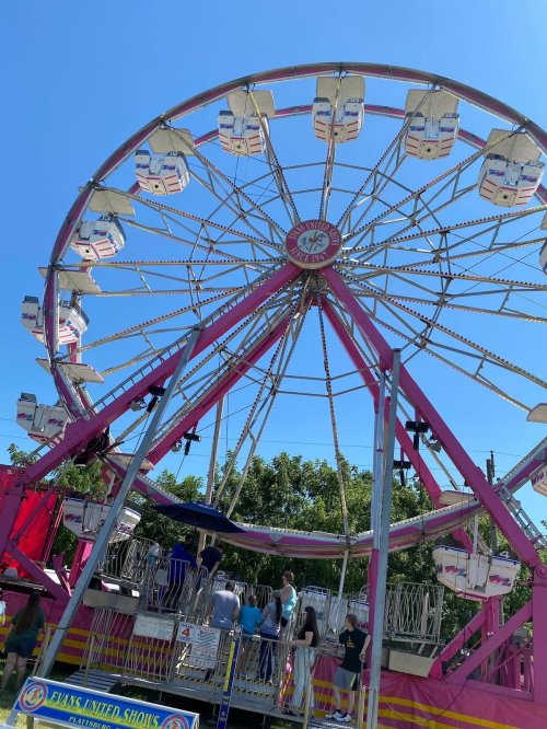 A colorful Ferris wheel with empty seats against a clear blue sky, surrounded by trees and people waiting below.