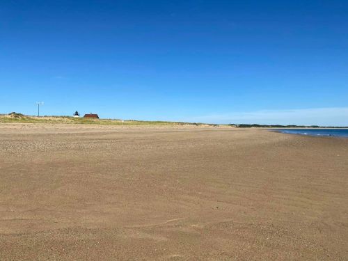 A wide sandy beach under a clear blue sky, with a distant house and grassy dunes in the background.