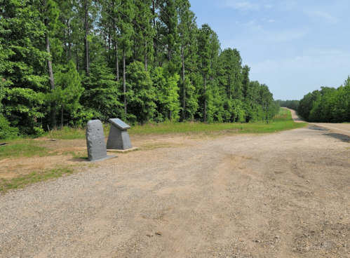 A gravel path leads through a green forest, featuring two stone markers on the left side.