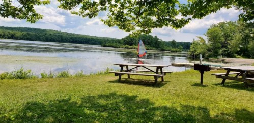 A serene lakeside scene with picnic tables, a sailboat, and lush greenery under a partly cloudy sky.
