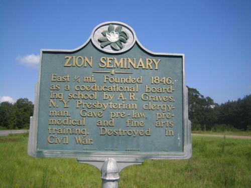 Historical marker for Zion Seminary, founded in 1846 as a coeducational boarding school, destroyed in the Civil War.