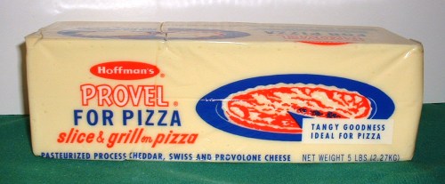 Block of Hoffman's Provel cheese for pizza, labeled "Slice & Grill on Pizza," weighing 5 lbs.