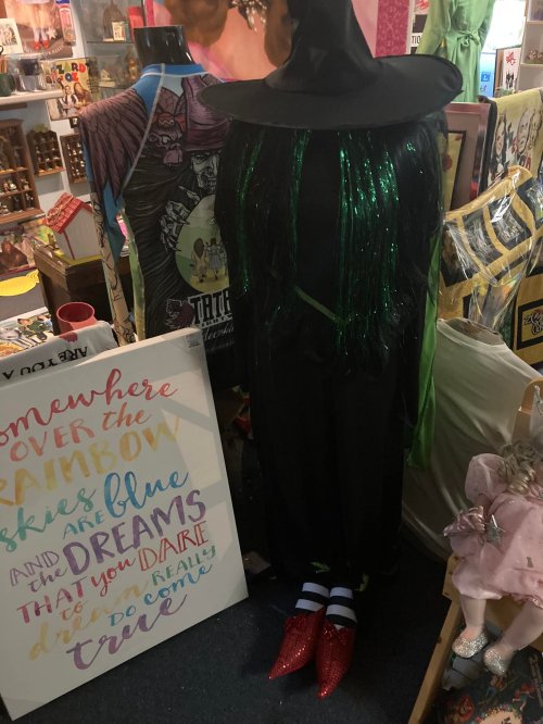A witch costume with a black hat and green hair stands next to a colorful sign about dreams and wishes.