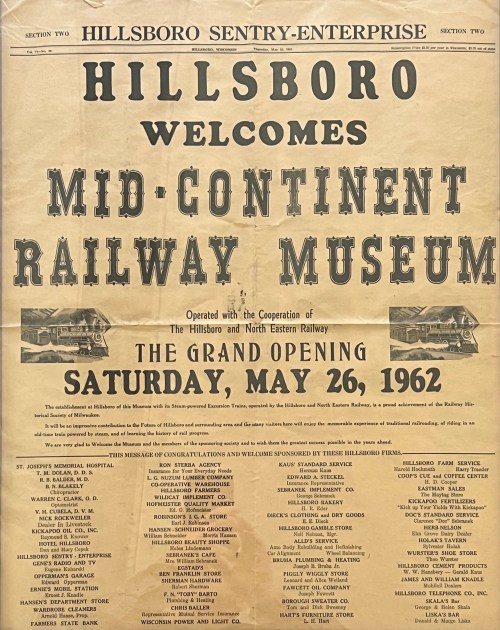 Historic newspaper announcement for the grand opening of the Mid-Continent Railway Museum in Hillsboro, May 26, 1962.