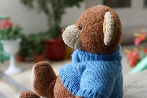 A brown teddy bear wearing a blue sweater sits outdoors, surrounded by plants and colorful pots.