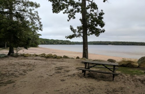 A sandy beach by a calm lake, framed by trees and a picnic table, under a cloudy sky.
