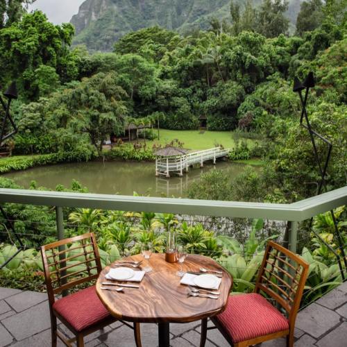 A scenic outdoor dining area with a wooden table overlooking a lush garden and tranquil pond.