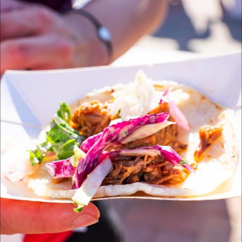 A hand holding a taco filled with pulled meat, cabbage, and a dollop of sauce, served on a white tray.