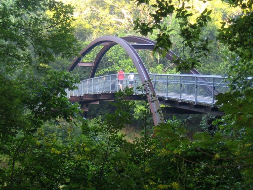 A curved metal bridge surrounded by lush greenery, with two people walking on it.