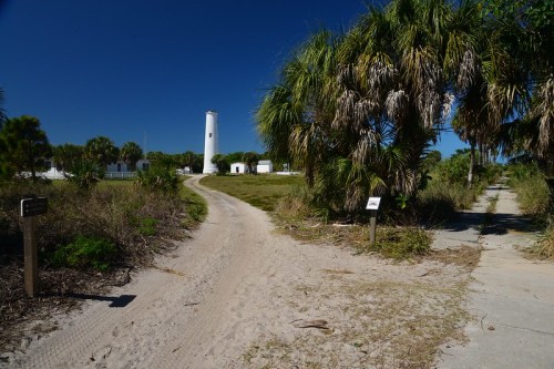 A sandy path leads to a white lighthouse surrounded by palm trees and greenery under a clear blue sky.