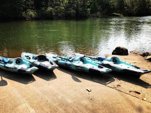 Four kayaks resting on a concrete shore beside a calm, green river surrounded by trees.