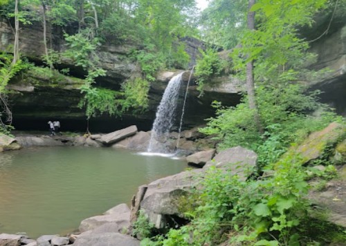 A serene waterfall cascades into a tranquil pool, surrounded by lush greenery and rocky terrain.