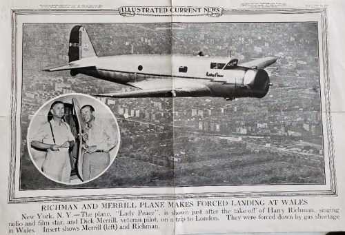 Historic image of the "Lady Peace" plane, forced landing in Wales, featuring Richman and pilot Merrill.