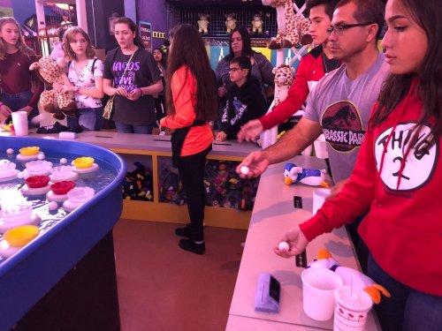 A group of people playing a carnival game, tossing balls into colored cups at a funfair. Plush toys hang in the background.