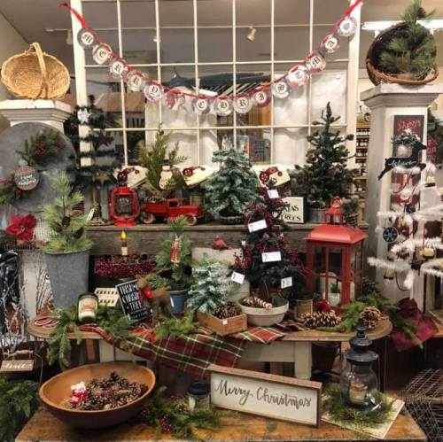 A festive display featuring Christmas decorations, small trees, and a "Merry Christmas" sign, set in a cozy shop.