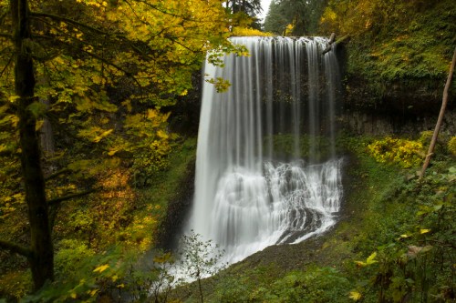 A serene waterfall cascades down rocky cliffs, surrounded by vibrant autumn foliage and lush greenery.
