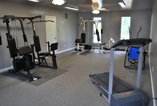 A spacious gym with exercise machines, a treadmill, and free weights on a carpeted floor.