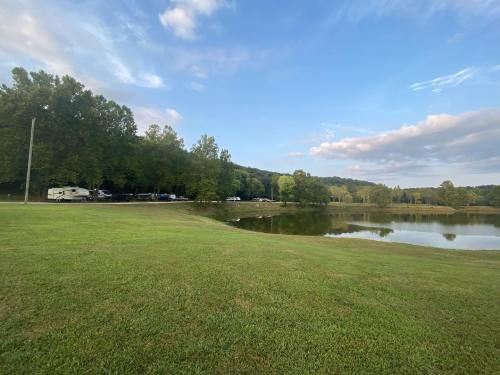 A serene landscape featuring a grassy area, a calm pond, and trees under a blue sky with scattered clouds.