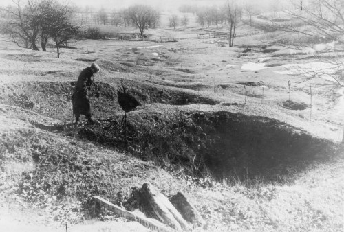 A person in a long coat stands near a large mound in a barren landscape, with trees and a fence in the background.