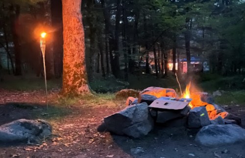 A cozy campfire surrounded by rocks, with a torch illuminating the forest at dusk.