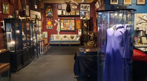 A colorful art gallery featuring display cases, artwork on walls, and a purple garment in a glass case.