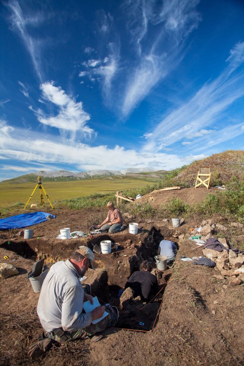 A team of archaeologists excavates a site under a blue sky with clouds, surrounded by grassy hills and tools.