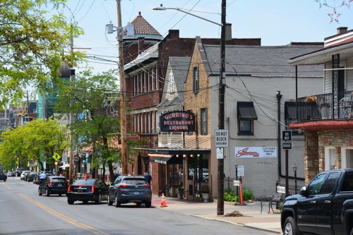 A street view featuring Gurrino's Restaurant and Liquors, lined with trees and parked cars under a clear blue sky.