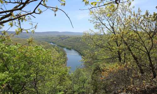 A serene river winding through lush green hills under a clear blue sky, framed by trees in the foreground.