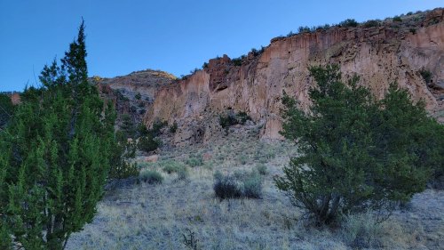 A rocky cliff rises above a grassy area, framed by green shrubs under a clear blue sky.