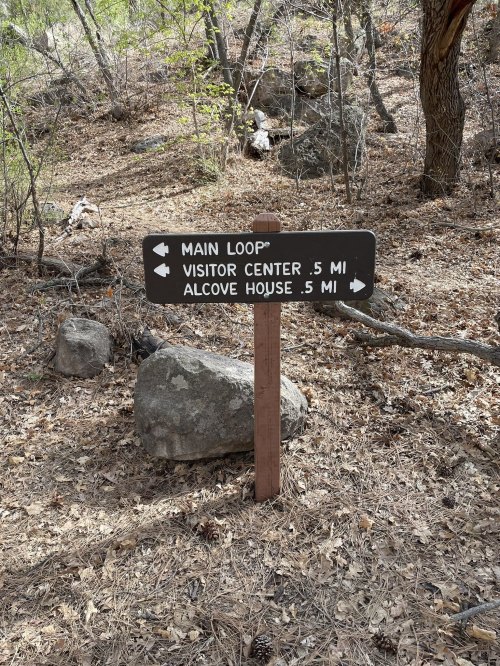 Signpost in a wooded area indicating directions to Main Loop, Visitor Center (0.5 mi), and Alcove House (0.5 mi).