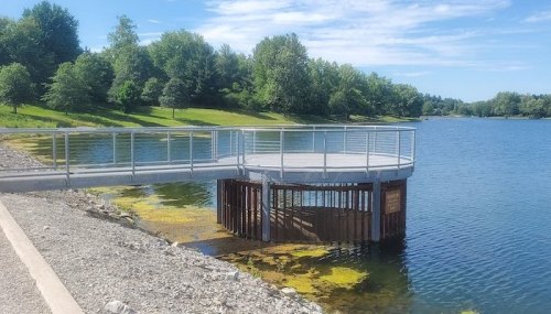 A wooden dock extends over calm water, surrounded by green trees and a clear blue sky.