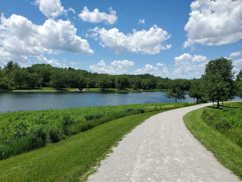 A scenic path beside a calm lake, surrounded by lush greenery and fluffy clouds in a blue sky.