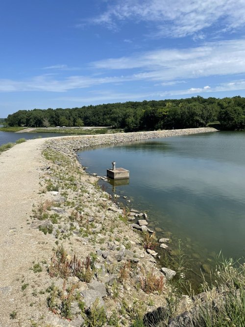 A serene riverbank scene with a rocky path, calm water, and lush greenery under a clear blue sky.