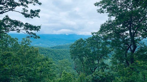 A scenic view of lush green mountains under a cloudy sky, framed by trees in the foreground.