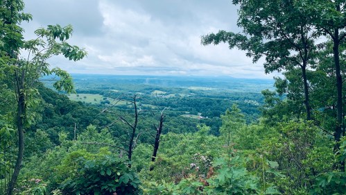 A lush green landscape with rolling hills under a cloudy sky, viewed from a high vantage point.