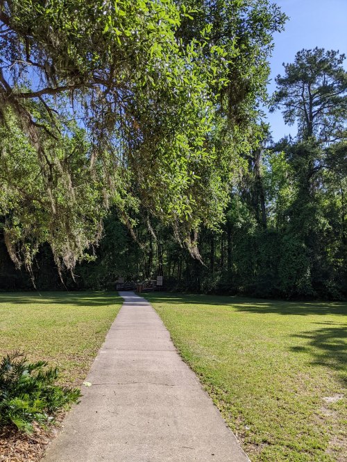 A paved path leads through a lush green park, surrounded by trees and dappled sunlight.