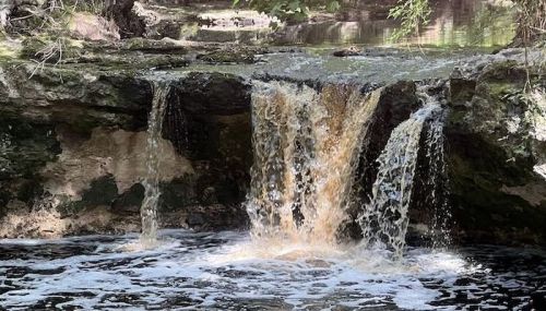 A small waterfall cascades over rocky terrain into a dark pool, surrounded by lush greenery.