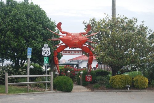 A large red crab sculpture marks the entrance to Sneaky Pete's restaurant, surrounded by greenery and signage.