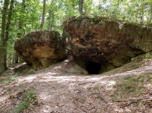 Two large rock formations in a forest, with a dark cave entrance between them, surrounded by greenery and fallen leaves.
