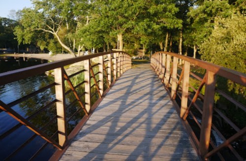 A wooden bridge with a metal railing spans over a calm body of water, surrounded by lush greenery.