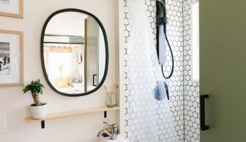A modern bathroom featuring a round mirror, hexagonal tile shower, and a small plant on a wooden shelf.