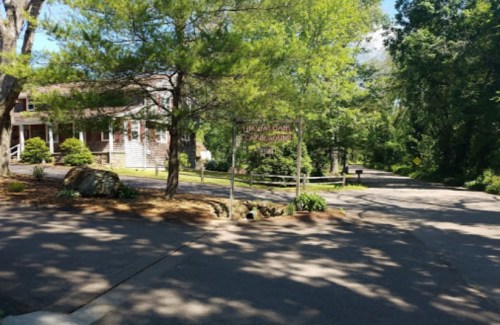 A tree-lined road leads to a rustic building with a sign, surrounded by greenery and sunlight.