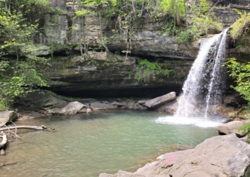 A serene waterfall cascades into a clear pool, surrounded by lush greenery and rocky terrain.