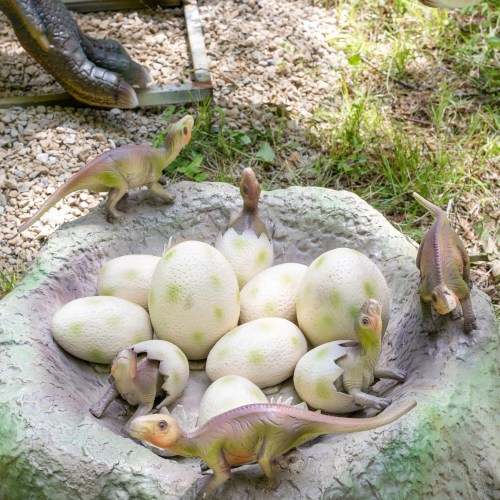 A nest of dinosaur eggs with two baby dinosaurs hatching, surrounded by greenery and gravel.