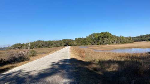 A gravel path leads through a grassy landscape with trees and a small pond under a clear blue sky.