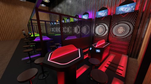 A vibrant game room featuring dartboards, neon lights, and seating areas with modern decor.